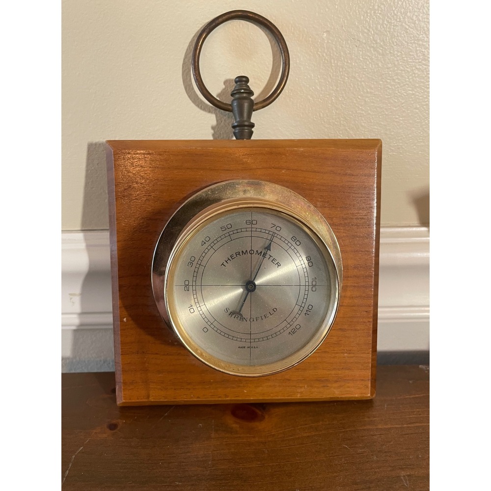 Vintage Springfield Wood Wall Thermometer Brass Tone Dial Made in USA MCM Decor